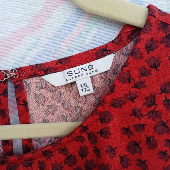 Red Alfred Sung XXL Blouse with leaf pattern - Picture 4 of 7